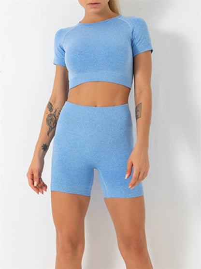 Activewear- Sculpt Your Body with our Seamless Butt Lifting Shorts + Crop Top Set- Blue- IndioGear Fashion and Gear