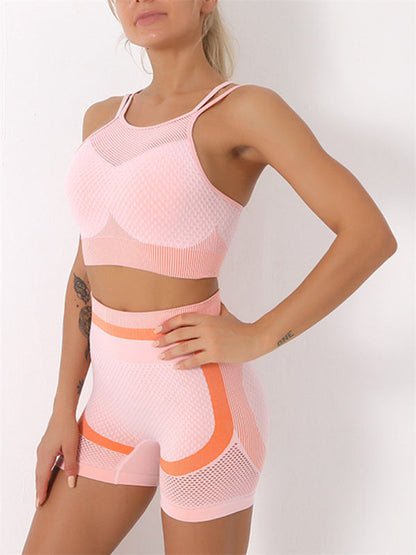 Activewear- Seamless Butt Lifting Shorts and Active Cami Crop Top Activewear Set- Pink- IndioGear Fashion and Gear