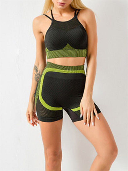 Activewear- Seamless Butt Lifting Shorts and Active Cami Crop Top Activewear Set- Olive green- IndioGear Fashion and Gear