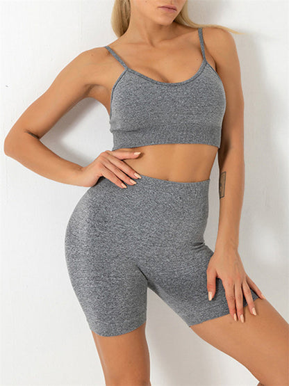 Activewear- Women's Activewear: Butt Lifting Shorts & Active Cami Crop Top Set- Grey- IndioGear Fashion and Gear