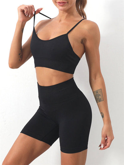 Activewear- Women's Activewear: Butt Lifting Shorts & Active Cami Crop Top Set- Black- IndioGear Fashion and Gear