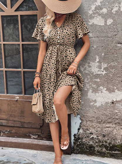 Animal Print Dresses- Animal Print Tiered Midi Dress with Tie Waist & Short Sleeves- Chuzko Women Clothing