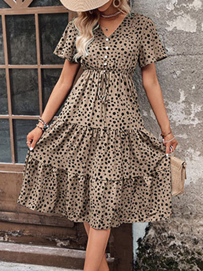 Animal Print Dresses- Animal Print Tiered Midi Dress with Tie Waist & Short Sleeves- Chuzko Women Clothing