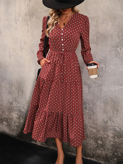 Autumn Dresses- Casual Autumn Midi Dress with Gathered Waist- - IndioGear Clothing and Gear