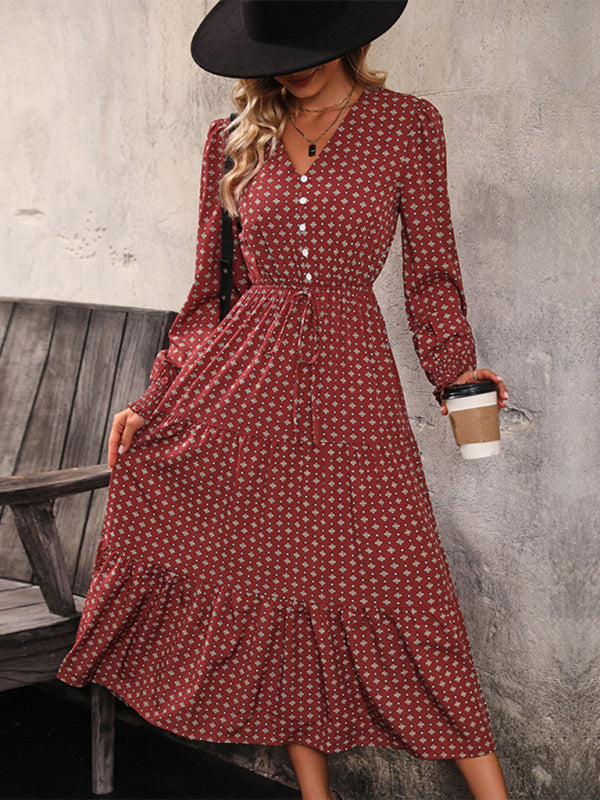 Autumn Dresses- Casual Autumn Midi Dress with Gathered Waist- - IndioGear Clothing and Gear