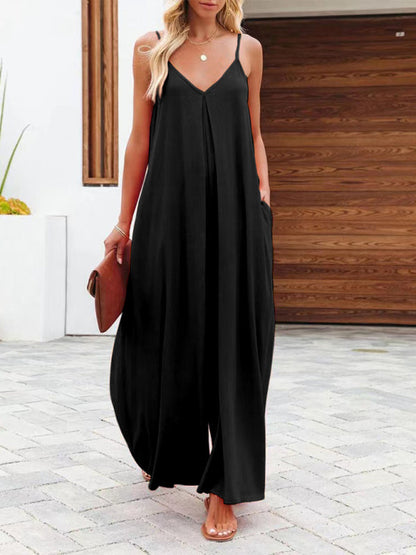 Baggy Playsuits- Women's Solid Wide-Leg Jumpsuit - Full-Length Baggy Playsuit- Black- IndioGear Fashion and Gear