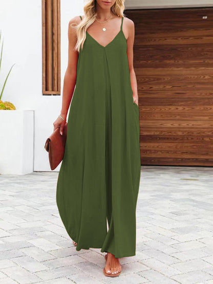 Baggy Playsuits- Women's Solid Wide-Leg Jumpsuit - Full-Length Baggy Playsuit- Green- IndioGear Fashion and Gear