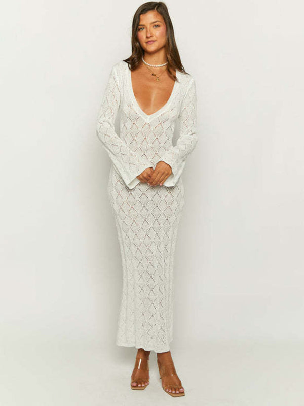 Beach Cover Up- Open-Knit Cover-Up Beach Maxi Dress for Summer Getaways- White- IndioGear Clothing and Gear