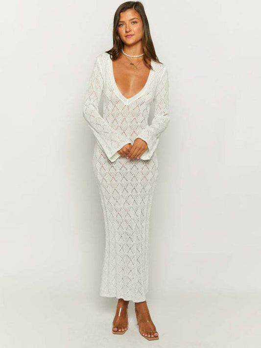 Beach Cover Up- Open-Knit Cover-Up Beach Maxi Dress for Summer Getaways- White- IndioGear Clothing and Gear