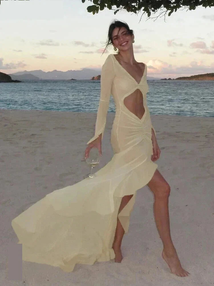 Beach Dresses- Runway Sheer High-Low Mermaid Dress with Frill & Ruffle- - IndioGear Fashion and Gear