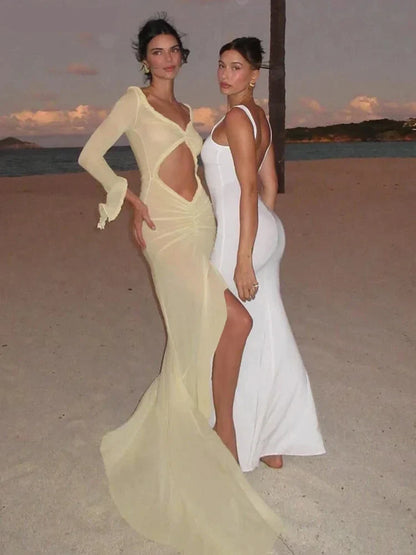 Beach Dresses- Runway Sheer High-Low Mermaid Dress with Frill & Ruffle- - IndioGear Fashion and Gear