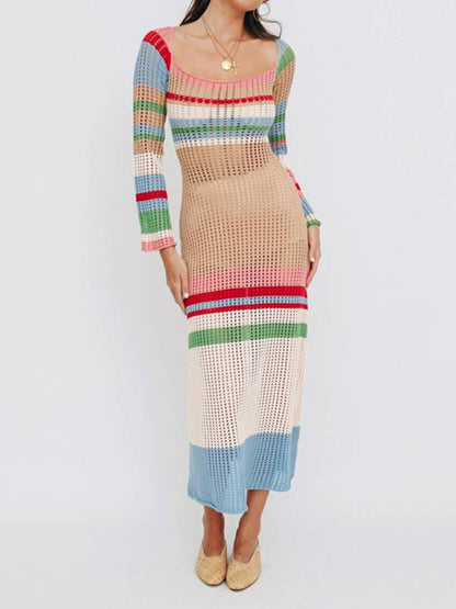 Beachwear- Relaxed Beach Striped Crochet Long Sleeve Midi Dress- Pattern1- IndioGear Clothing and Gear