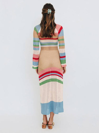 Beachwear- Relaxed Beach Striped Crochet Long Sleeve Midi Dress- - IndioGear Clothing and Gear