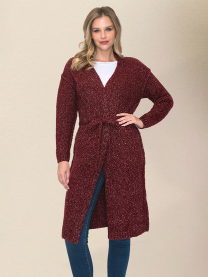 Belted Cardigans- Wrap Knitwear - Belted Mid-Length Duster Cardigan- Wine Red- IndioGear Clothing and Gear