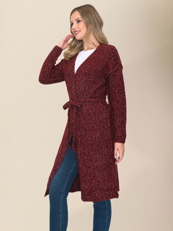 Belted Cardigans- Wrap Knitwear - Belted Mid-Length Duster Cardigan- - IndioGear Clothing and Gear