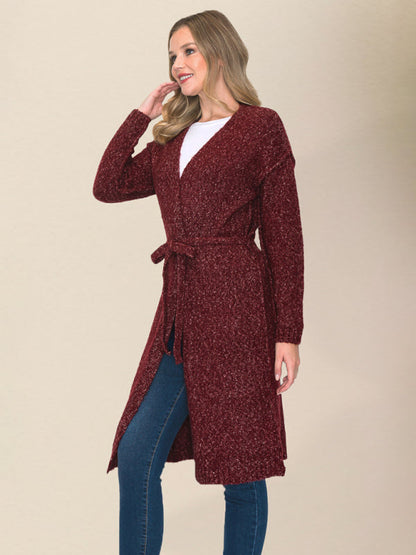 Belted Cardigans- Wrap Knitwear - Belted Mid-Length Duster Cardigan- - IndioGear Clothing and Gear