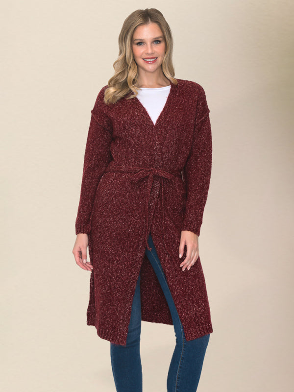 Belted Cardigans- Wrap Knitwear - Belted Mid-Length Duster Cardigan- - IndioGear Clothing and Gear