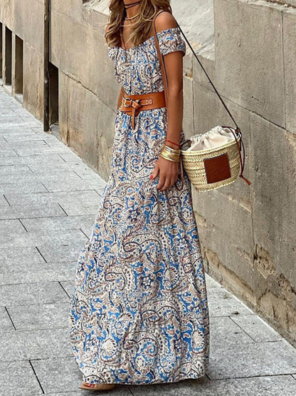 Belted Dresses- Off Shoulder Belted Maxi Dress in Paisley Print- - IndioGear Fashion and Gear