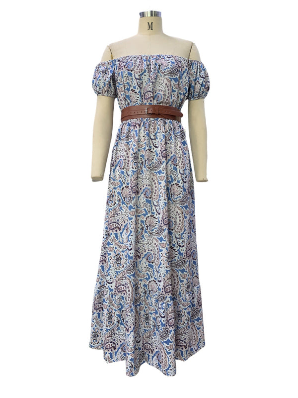 Belted Dresses- Off Shoulder Belted Maxi Dress in Paisley Print- - IndioGear Fashion and Gear