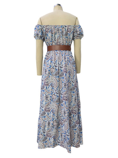 Belted Dresses- Off Shoulder Belted Maxi Dress in Paisley Print- - IndioGear Fashion and Gear