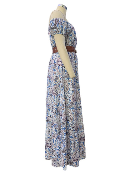 Belted Dresses- Off Shoulder Belted Maxi Dress in Paisley Print- - IndioGear Fashion and Gear