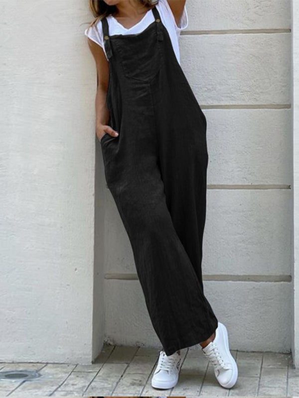 Bib Overalls- Baggy Bib Overalls in Cotton Linen – Essential Pantsuit- Black- IndioGear Fashion and Gear