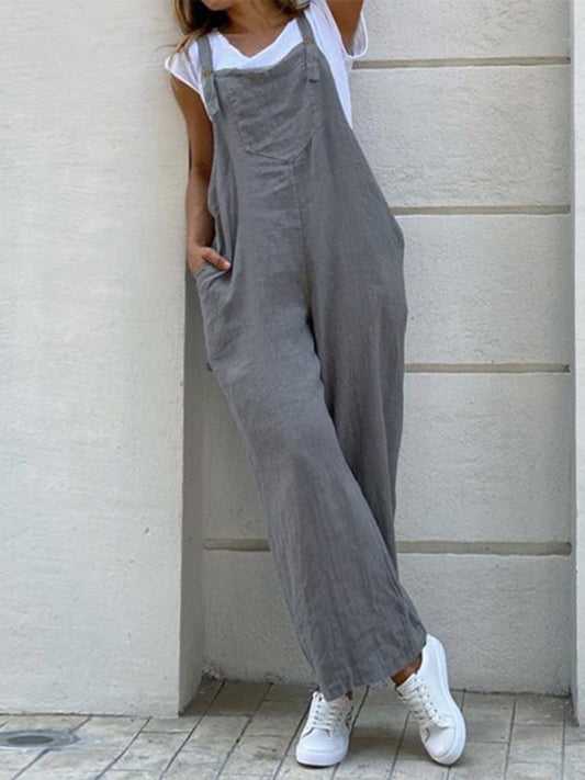 Bib Overalls- Baggy Bib Overalls in Cotton Linen – Essential Pantsuit- Grey- IndioGear Fashion and Gear