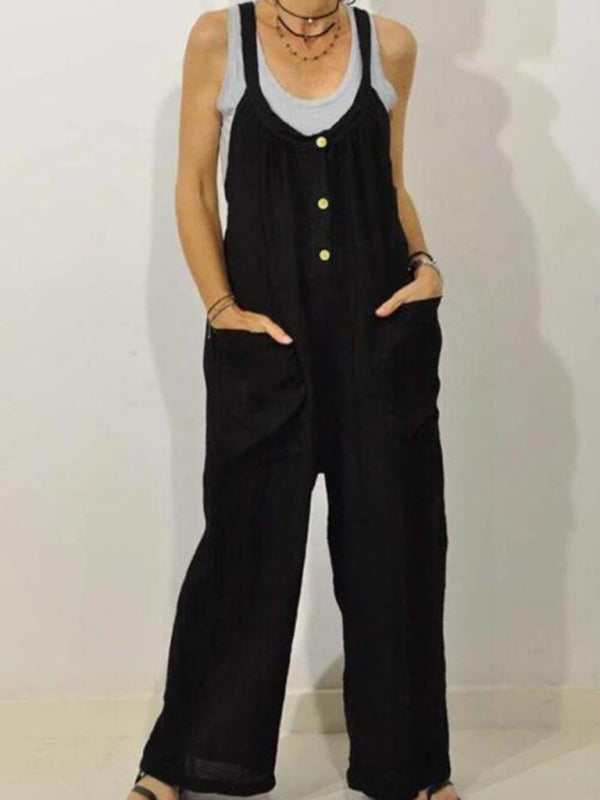 Bib Overalls- Cotton Linen Bib Overalls – Flowy Pantsuits with Pockets- Black- IndioGear Fashion and Gear