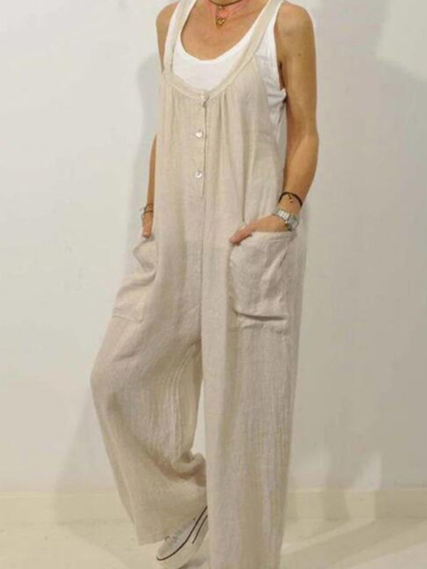 Bib Overalls- Cotton Linen Bib Overalls – Flowy Pantsuits with Pockets- - IndioGear Fashion and Gear