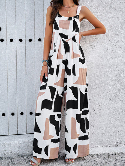 Bib Overalls- Wide-Leg Bib Overalls – Abstract Print Playsuit with Pockets- - IndioGear Fashion and Gear