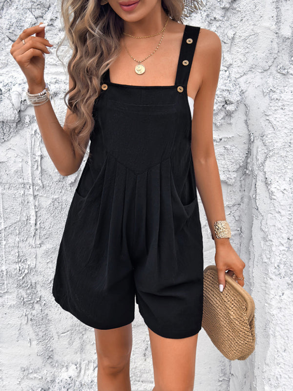 Bib Shorts- Women's Textured Bib Shorts Playsuit - Loose Overalls Romper- Black- IndioGear Fashion and Gear