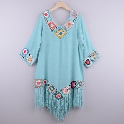 Bikini Cover Up- Beach Cotton Embroidered Fringe Bikini Cover-Up- Blue- IndioGear Fashion and Gear