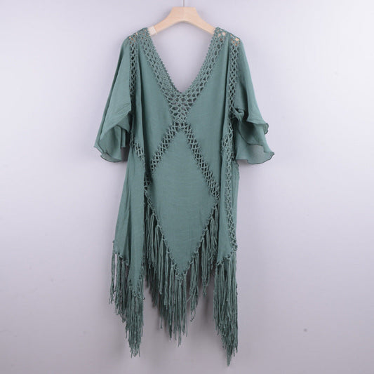 Bikini Cover Up- Crochet Poncho Bikini Cover-Up - Embroidered Cotton Fringe Slit Blouse- Green- IndioGear Fashion and Gear