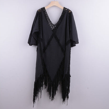 Bikini Cover Up- Crochet Poncho Bikini Cover-Up - Embroidered Cotton Fringe Slit Blouse- Black- IndioGear Fashion and Gear