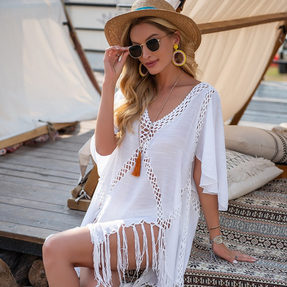 Bikini Cover Up- Crochet Poncho Bikini Cover-Up - Embroidered Cotton Fringe Slit Blouse- - IndioGear Fashion and Gear