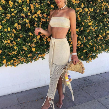 Bikini Cover Up Suit - Top & Skirt Set- Knitted Beach Set: Fringe Midi Skirt & Crop Tube Top- - IndioGear Fashion and Gear