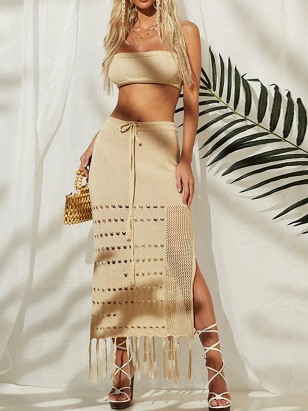 Bikini Cover Up Suit - Top & Skirt Set- Knitted Beach Set: Fringe Midi Skirt & Crop Tube Top- - IndioGear Fashion and Gear