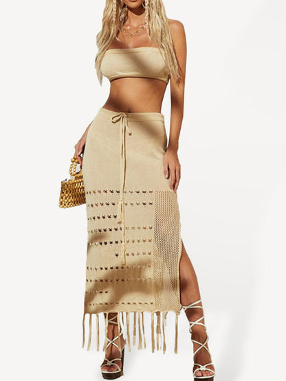 Bikini Cover Up Suit - Top & Skirt Set- Knitted Beach Set: Fringe Midi Skirt & Crop Tube Top- Beige- IndioGear Fashion and Gear