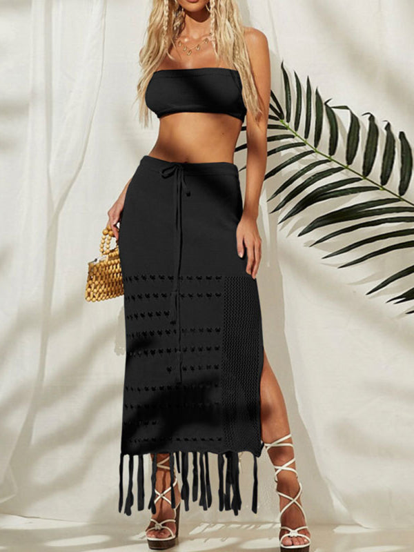 Bikini Cover Up Suit - Top & Skirt Set- Knitted Beach Set: Fringe Midi Skirt & Crop Tube Top- Black- IndioGear Fashion and Gear