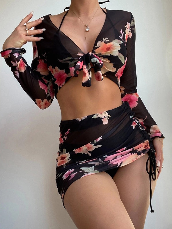 Bikini Set- From Beach to Chic: Complete your Look with Our 3-Piece Floral Bikini Set- Black- IndioGear Fashion and Gear