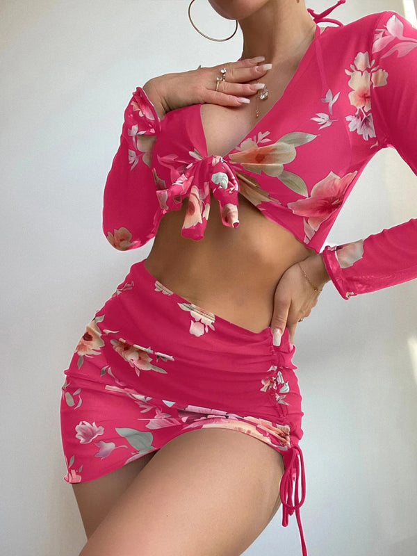 Bikini Set- From Beach to Chic: Complete your Look with Our 3-Piece Floral Bikini Set- Rose- IndioGear Fashion and Gear