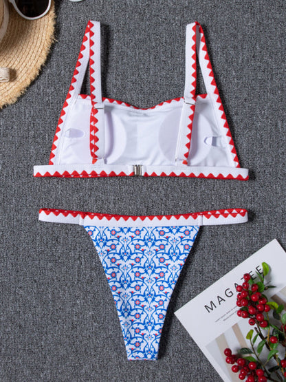 Bikini - Two Piece Set- Vacation Graphic Print Bandeau Wireless Bikini Set with Removable Padding- - IndioGear Fashion and Gear