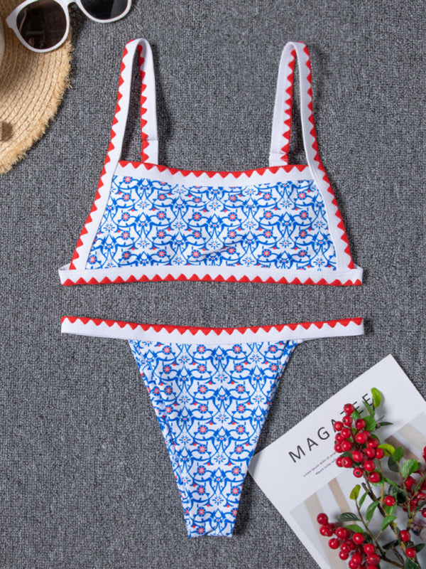 Bikini - Two Piece Set- Vacation Graphic Print Bandeau Wireless Bikini Set with Removable Padding- - IndioGear Fashion and Gear