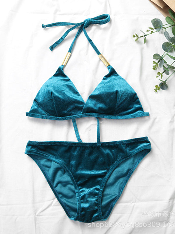 Bikinis-Velvet 2-Piece Halterneck Triangle Bra and Hipster Swimwear-Pekosa Women Clothing