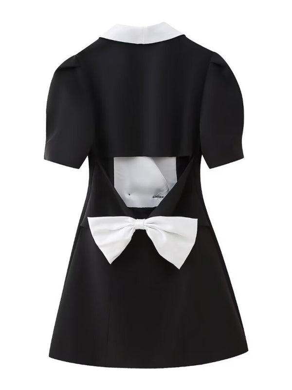 Double-Breasted Blazer Dress with Lapel & Contrast Trim Bow Back