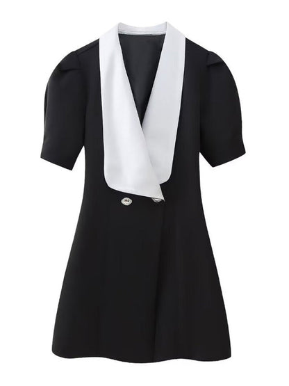 Double-Breasted Blazer Dress with Lapel & Contrast Trim Bow Back