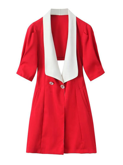 Double-Breasted Blazer Dress with Lapel & Contrast Trim Bow Back