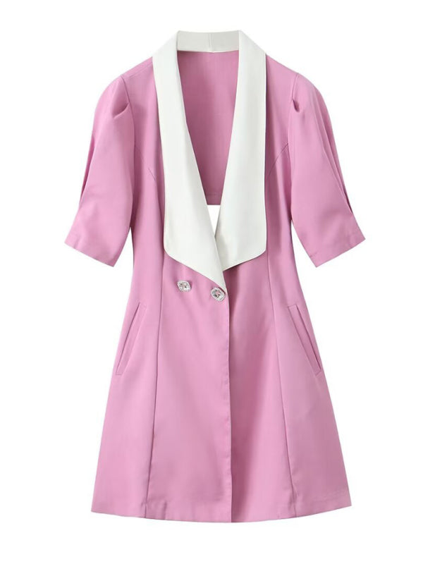 Double-Breasted Blazer Dress with Lapel & Contrast Trim Bow Back