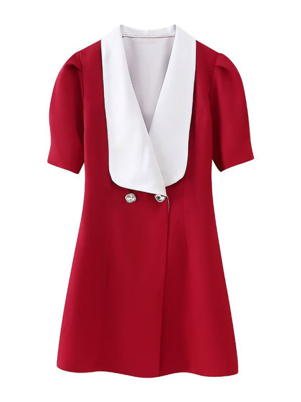 Double-Breasted Blazer Dress with Lapel & Contrast Trim Bow Back