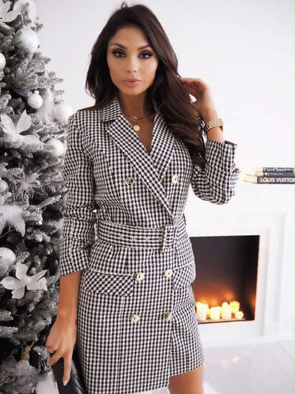 Fall-Winter Plaid Houndstooth Belted Blazer Dress